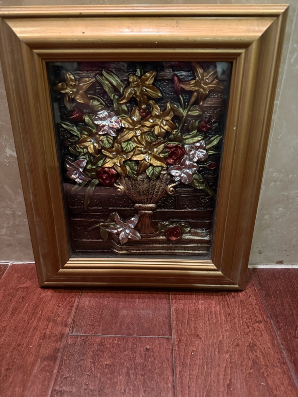 Vintage Gold Framed 3D Flowers in Vase Foil Inlay Picture Art Shadow Box 13 x 11